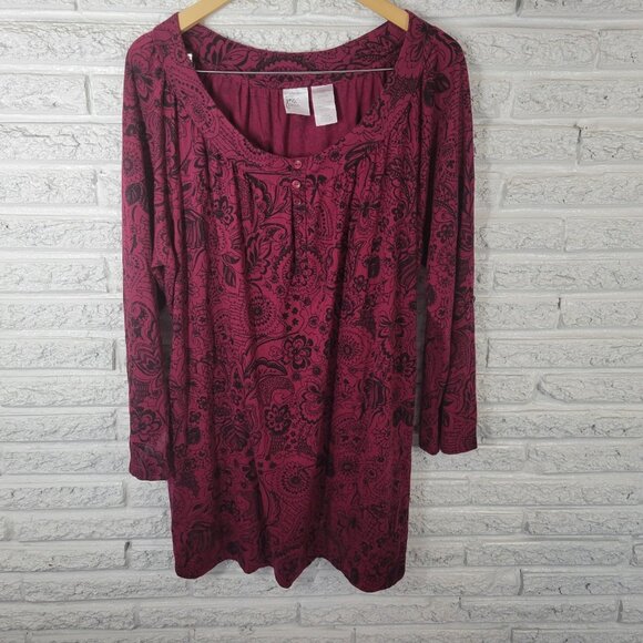 Just My Size Womens Top 3X Plus Tunic Roll Tab Sleeve Burgundy FLO216E - Picture 1 of 7